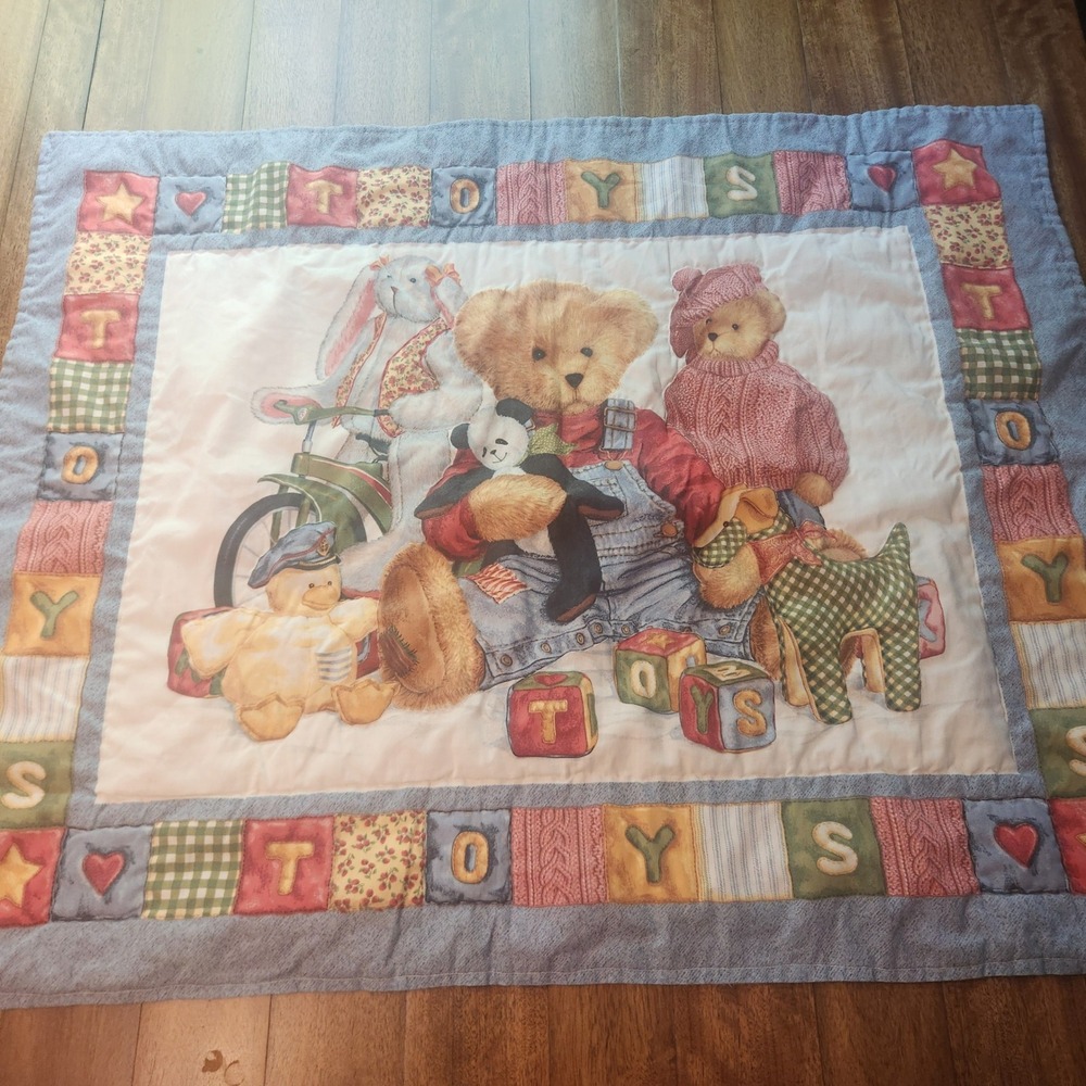 Vintage Teddy Bear Nursery Quilt Blanket Patchwork Toys Bunny Panda 32x41